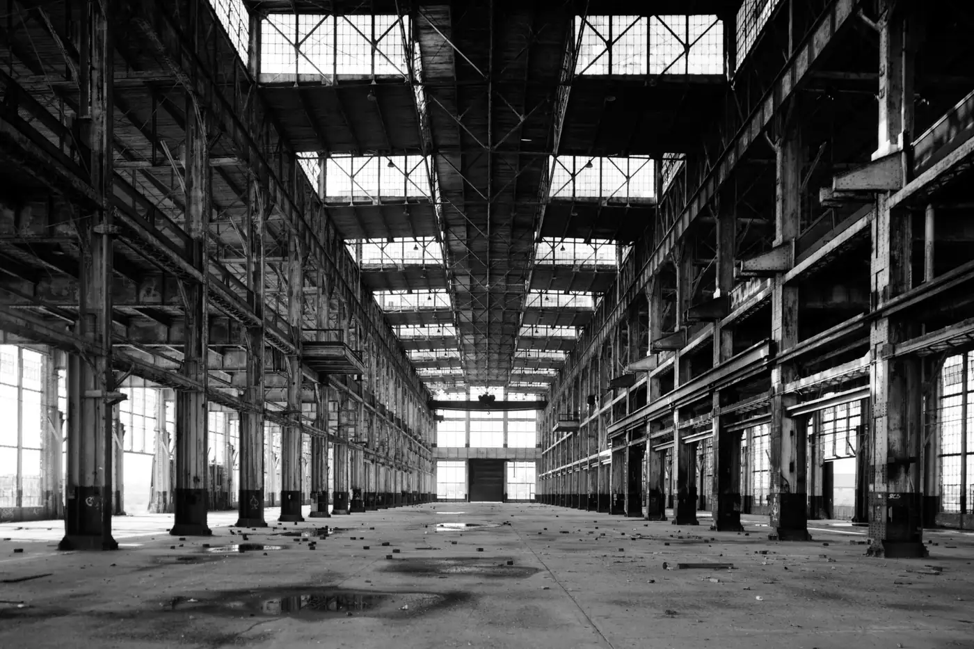 The long central pavilion of a turbine machine shop, from an archival engineering survey