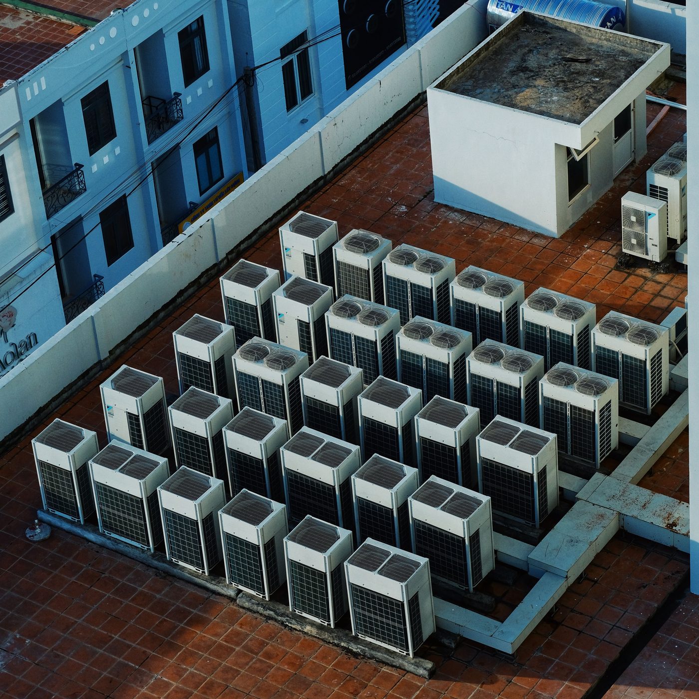 Commercial rooftop HVAC units viewed from above